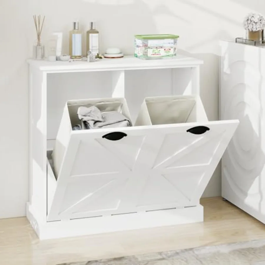 

Tilt Out Laundry Hamper Cabinet, Farmhouse Hidden Garbage Can With Removable Baskets, Wood Bathroom Storage for Kitchen, Living