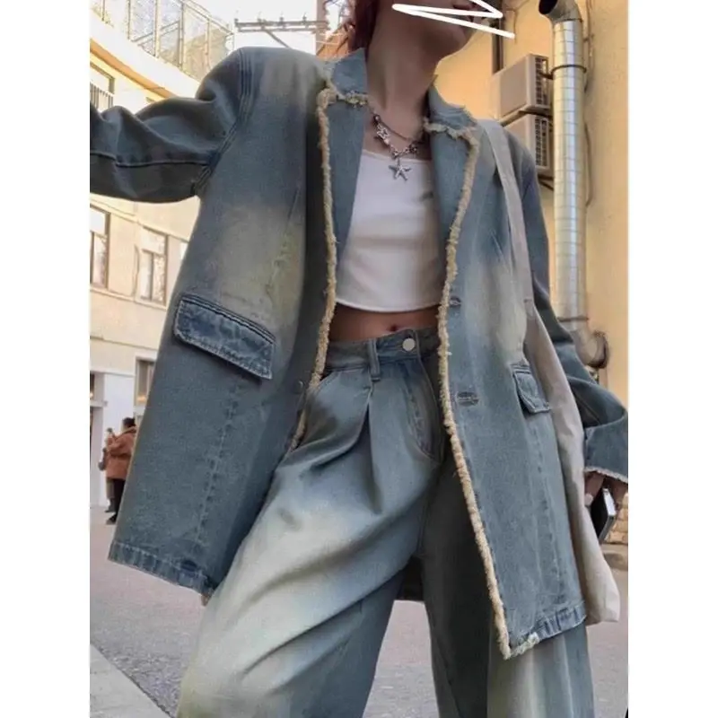 American Retro Rough Edge Suit Collar Denim Jacket Women's Loose Lazy Style Niche Casual Top