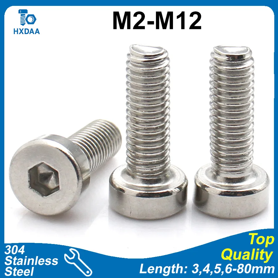 1-25pcs M2 M2.5 M3 M4 M5 M6 M8 M10 M12 304 Stainless Steel Hex Socket Cap Head Screws DIN 7984 Low Profile Thin Cylinder Bolts