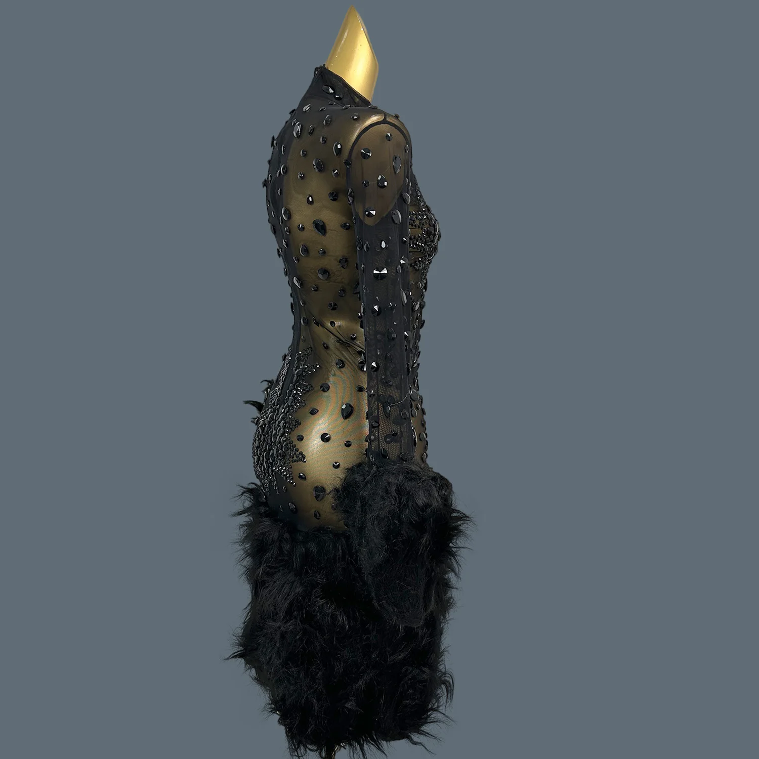 

Black See Through Mesh Feather Cocktail Dress Elegant Night Club Long Sleeves Event Show Party Sparkly Rhinestone Outfit Guibin