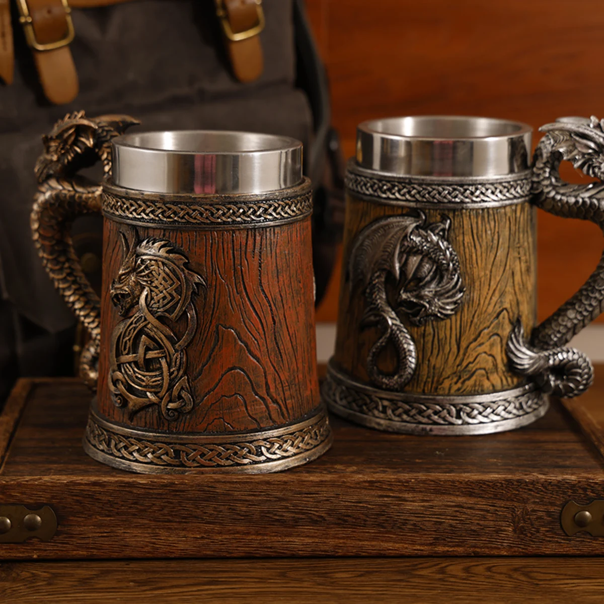 2025 Medieval Large Dragon Barrel Beer Tankard 304 Stainless Steel Inner Tea Coffee Mug Stein Cup 500 ml