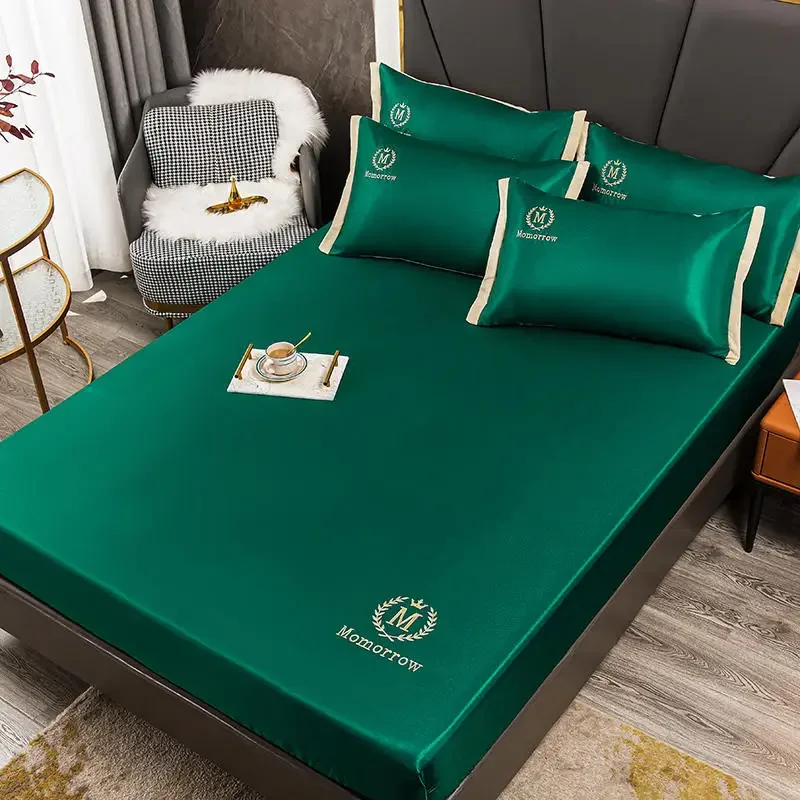 Summer Cool Double Elastic Fitted Sheet Luxury Satin Mattress Cover Couple Bedspreads Smooth Bed Linen Bed Sheet Set 150 180x200