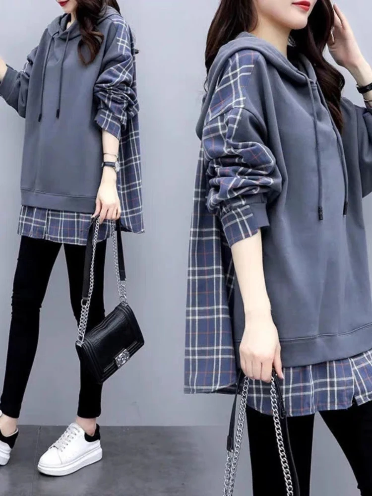Women's 2026 Autumn Korean Style Plaid Spliced Layered Look Hoodie Loose Mid-Length Sweatshirt