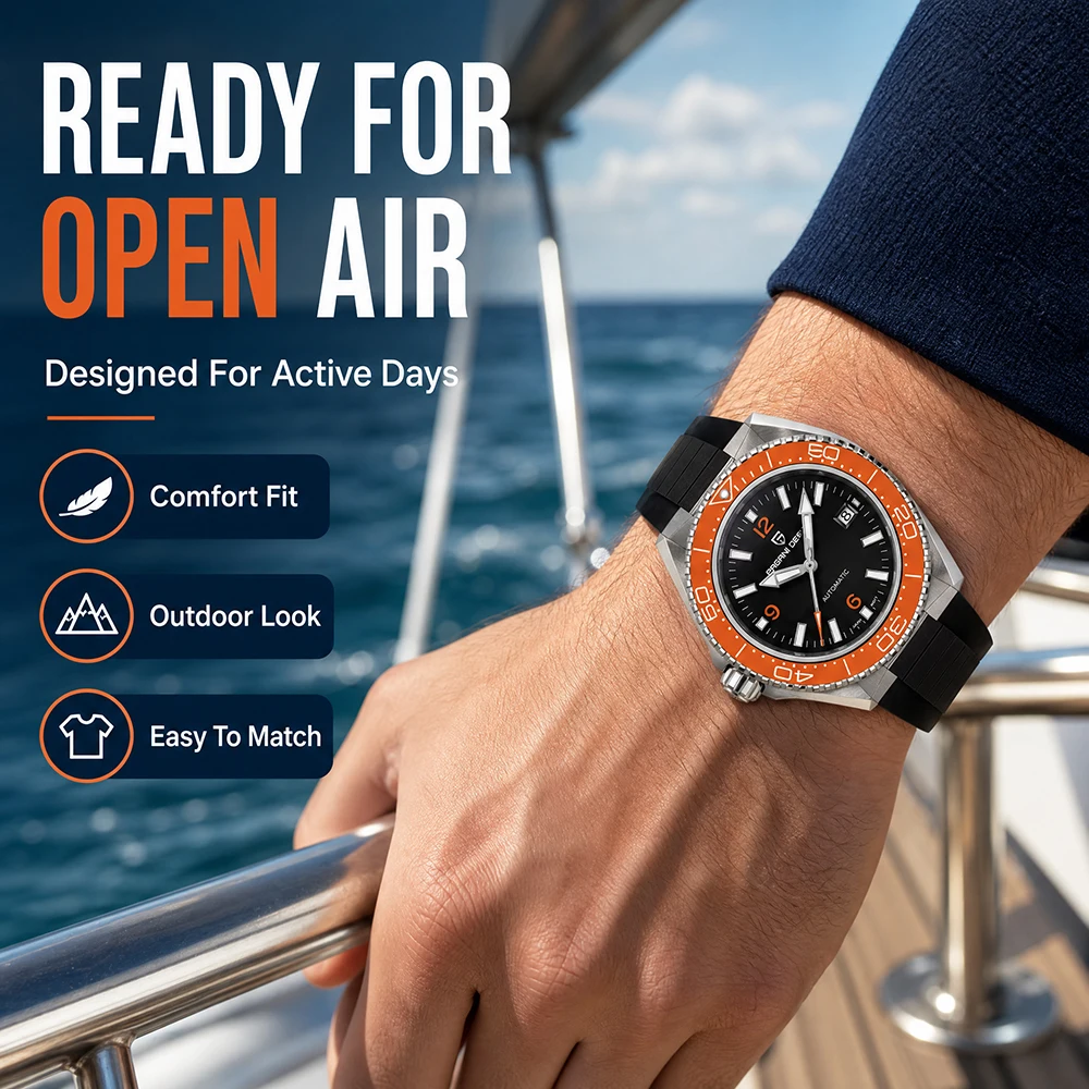 PAGANI DESIGN Automatic Dive Watch Men Black Dial Orange Bezel 100M Waterproof Luminous Rubber Strap Sport Mechanical Wristwatch