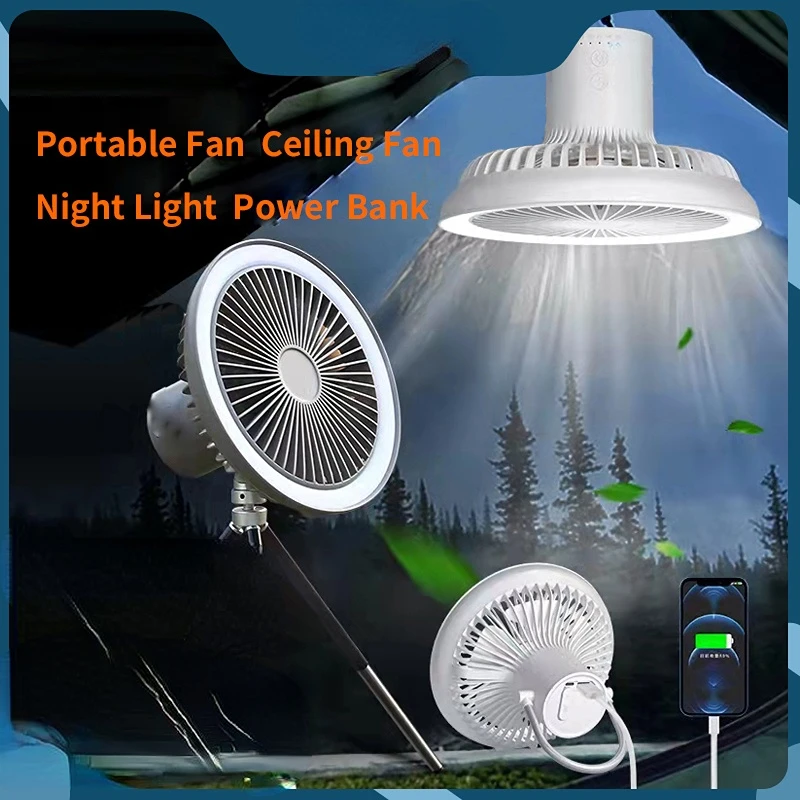 

Multifunctional Mini Fan USB Rechargeable Portable Fan Outdoor Camping Ceiling Fan with Led Light 4000/10000mAh Desktop Fan