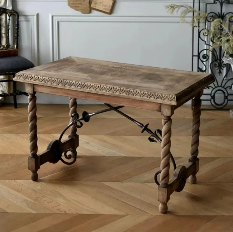French retro Roman column solid wood carving long dining table European home log guest dining table