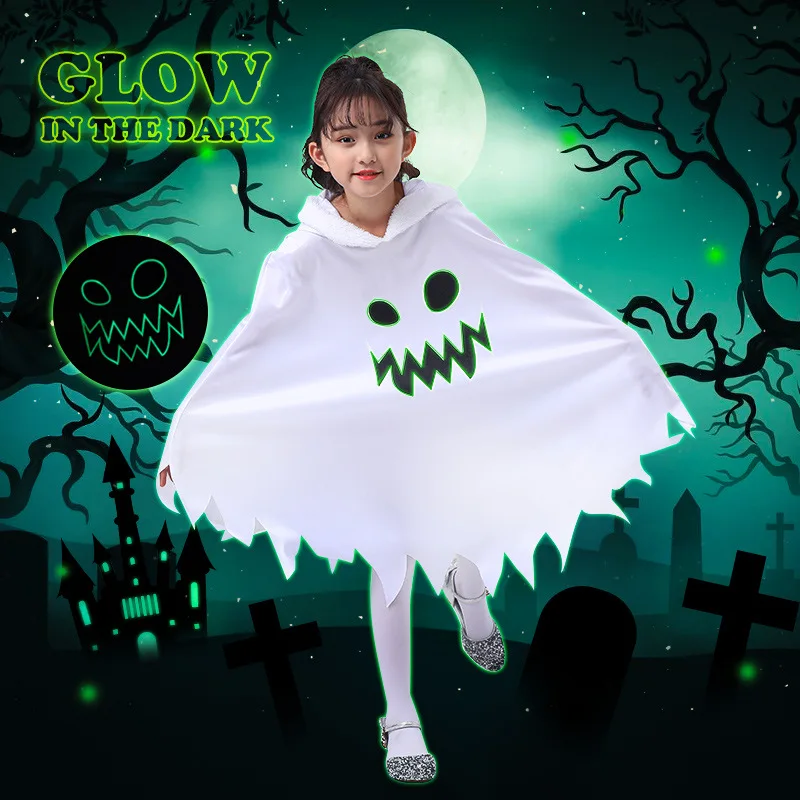 Fantasma branco assustador infantil capa brilhante, veste de cosplay para meninos e meninas, fantasia de vestir, Carnaval, festa de Halloween, Purim