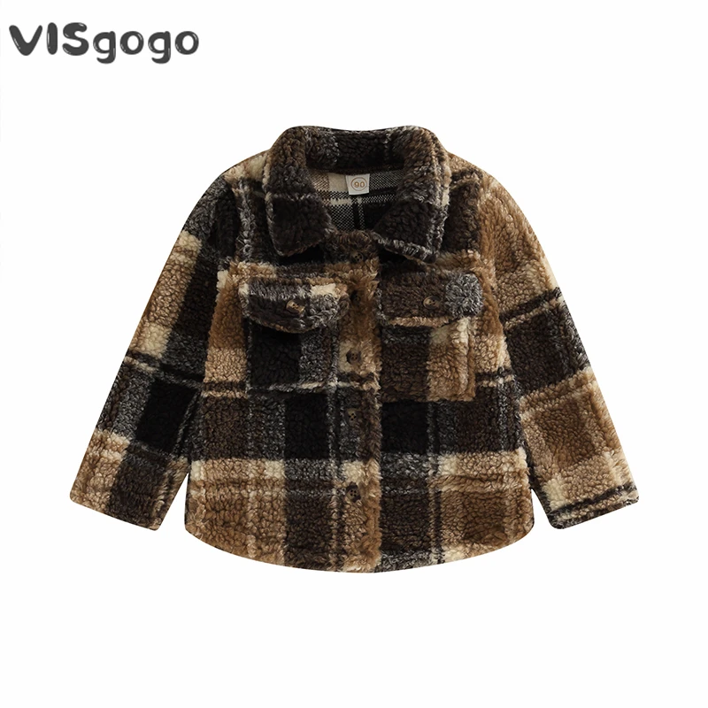 

VISgogo 1-5Y Toddler Boys Fleece Coat Plaid Button Down Long Sleeve Lapel Collar Jackets Kids Winter Warm Outerwear