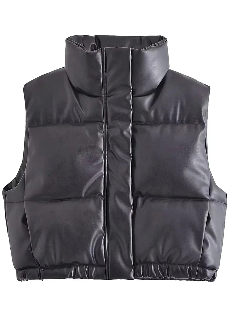 Women s PU Leather Puffer Vest Solid Color Stand Collar Quilted Waistcoat Fall Winter Casual Sleeveless Padded Jacket Coat