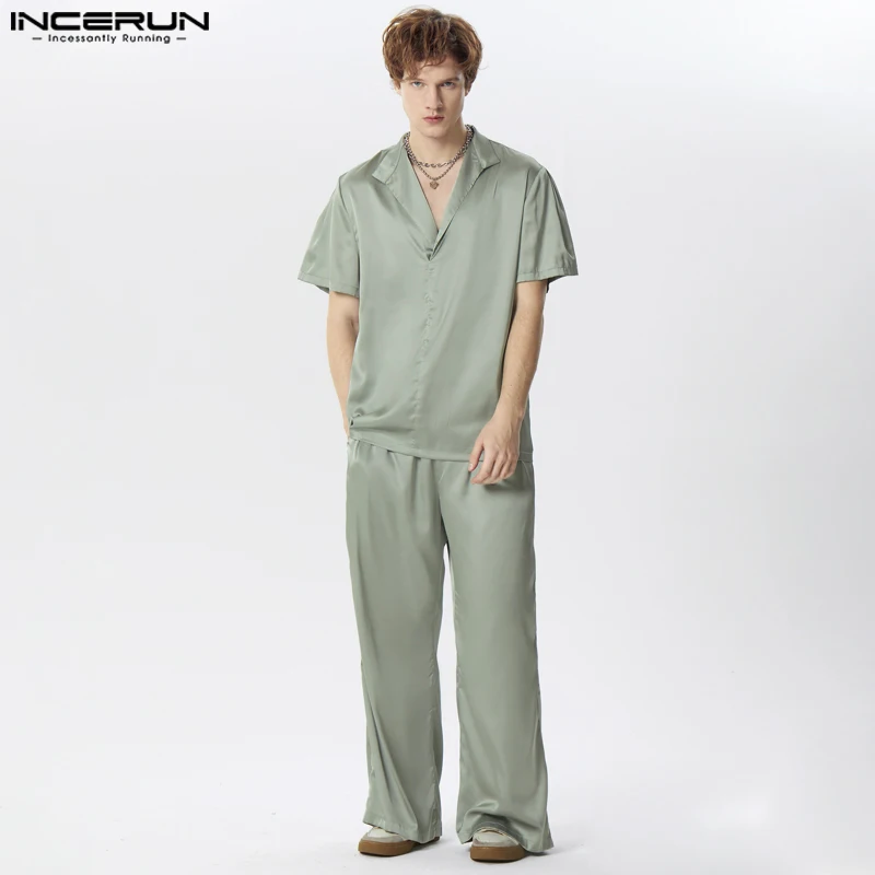 2024 Men Sets Solid Color Streetwear Satin Lapel Short Sleeve Shirt & Pants Two Pieces Sets Summer Men\'s Casual Suits INCERUN