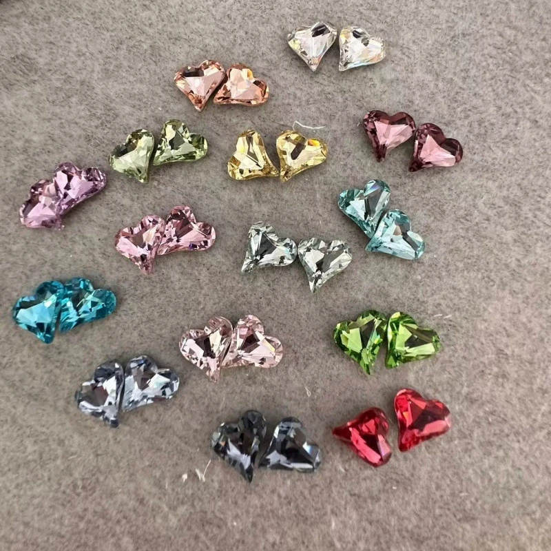 10pcs Crooked Heart Nail Rhinestones Charms K9 Glass Stone Gems 12x13mm Pointed Bottom Crystal Nail Art Manicure