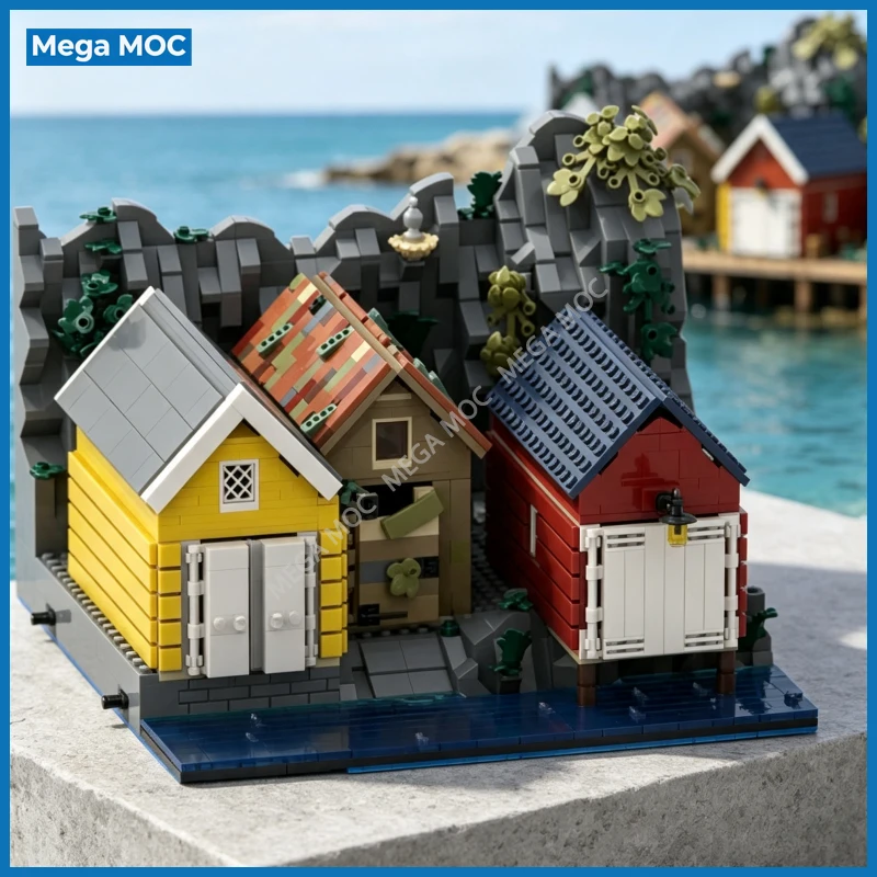 Nordic Coastal Landscape Diorama, Scandinavian Fjord Naust MOC Building Blocks, DIY Assembly Brick Desktop Display Scene Set