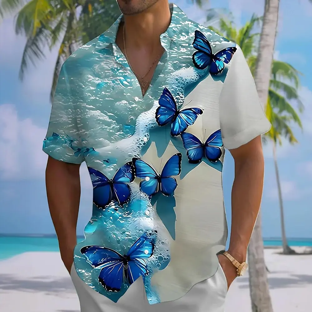 Men's Butterfly Ocean Waves Summer Hawaiian Shirt Button Up Shirt Aloha Shirt Short Sleeve Summer Spring Front One Pocket