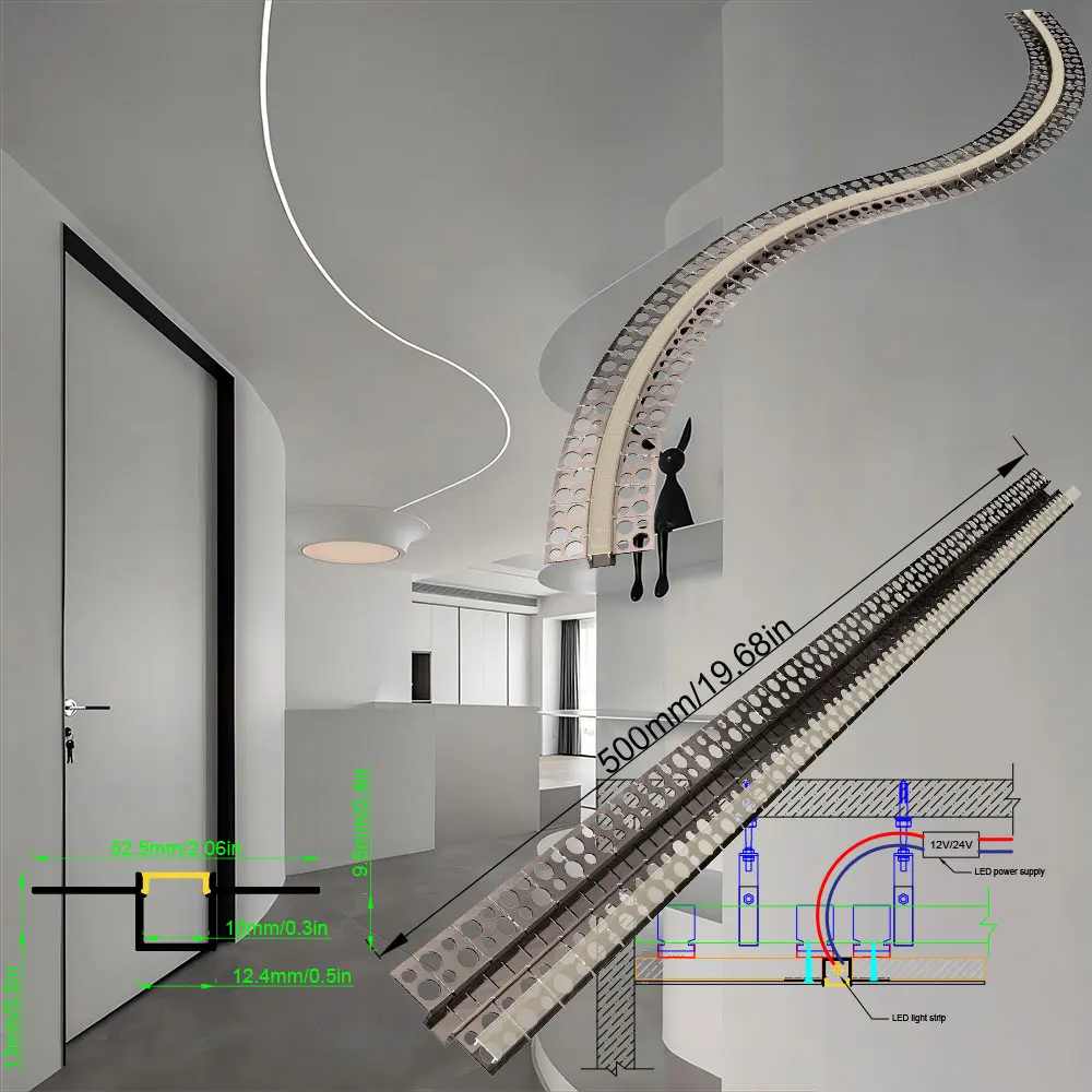 52×13mm  0.5M Aluminum LED Strip with Aluminum Profile LED Strip and LED Aluminum Profile Channel for Various Bending Shapes