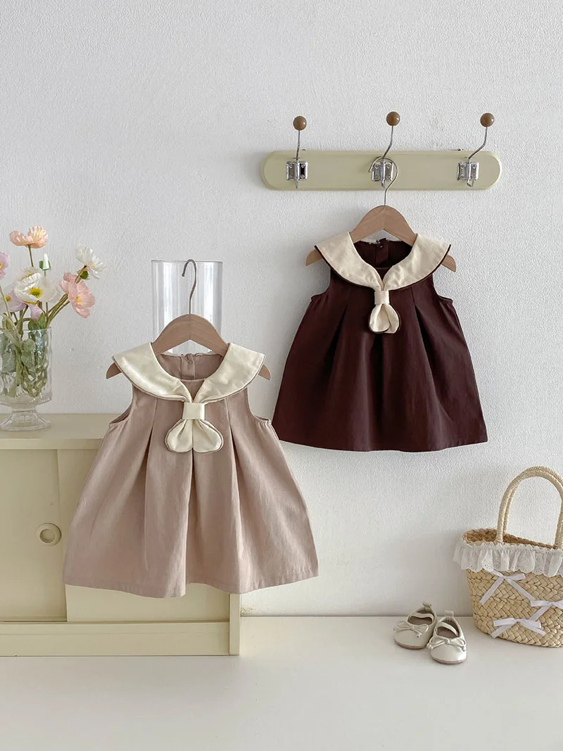 

MILANCEL New Summer Girls Sleeveless Dress 9M-4T Color Blocking Lapel Baby Clothes Cute Vintage Style Kids Princess Dress