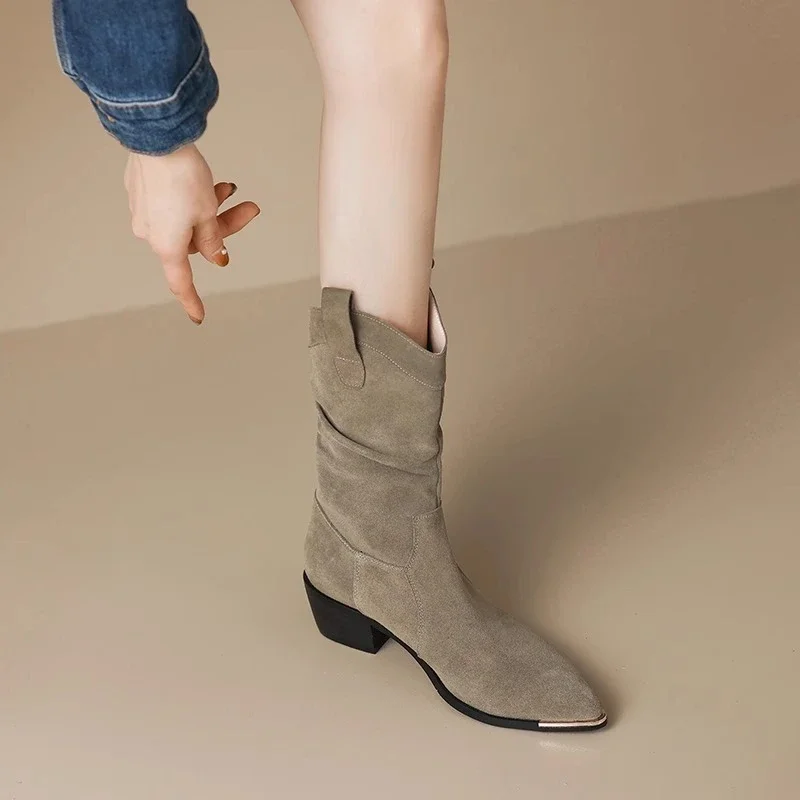 Cow Suede Mid-Calf Modern Boots for Women Retro Brown Knight Boot Thick Heel Slim Pointed Western Denim Autumn Winter Shoes