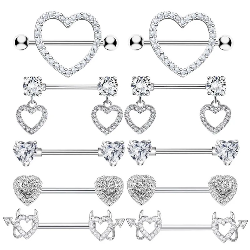 Fashion Stainless Steel Pink Heart Moon Nipple Piercing Set Crystal Sexy Nipple Ring Body Jewelry Perforación Del Pezón
