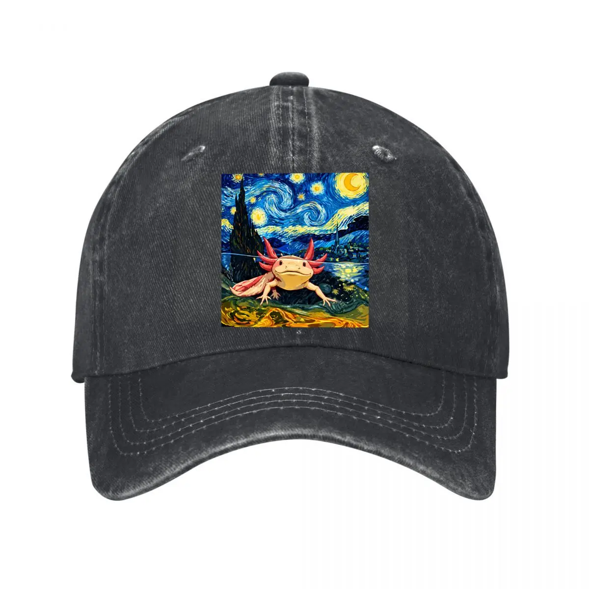 Starry Night Axolotl Swirling Sky Landscape Washed Baseball Cap Outdoor Hat