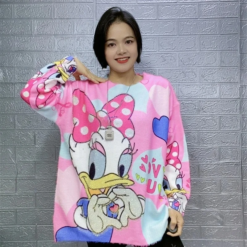 

Disney 2025 New Cartoon Print Sweater Women - Korean Style Mid-Length Lazy Loose Faux Mink Knit Top