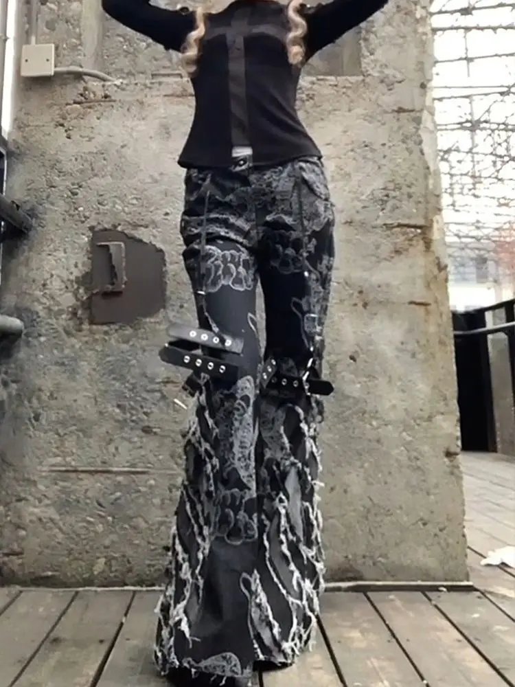 

Women Black Goth Baggy Y2k Flare Ripped Jeans Oversize Denim Trousers Vintage Japanese 2000s Style Emo Jean Pants Trashy Clothes