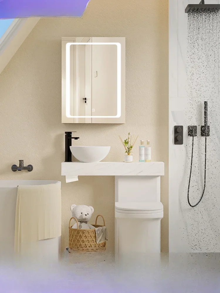 Toilet small apartment with sink, integrated toilet, rock slab countertop, wash basin cabinet, combined