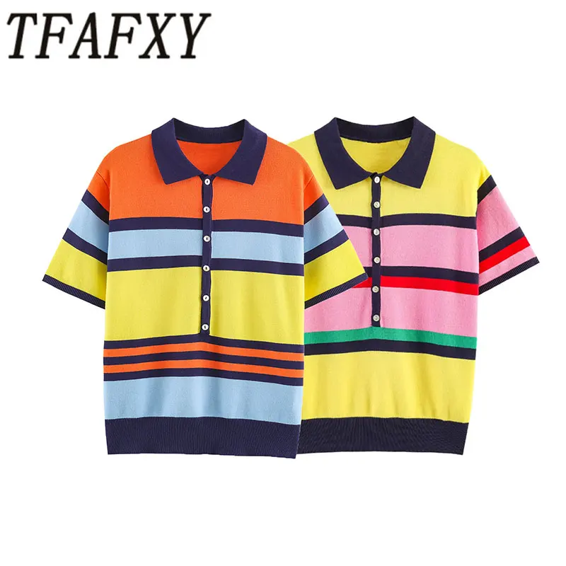Nlzgmsj 2026 Women Colorful Stripe Knit Polo Shirt Short Sleeve Button Down Casual Preppy Style Summer Tops