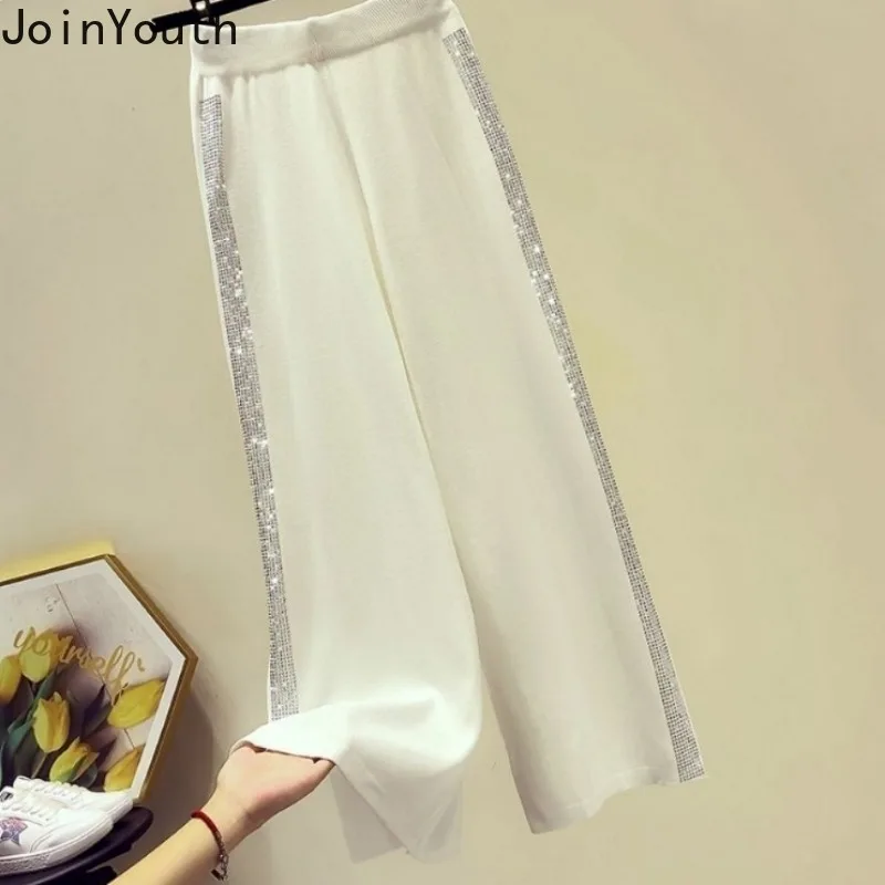 Korean Wide Leg Pants for Women 2023 New Bottoms High Waist Straight Pantalon Femme Patchwork Diamond Casual Fashion Trousers