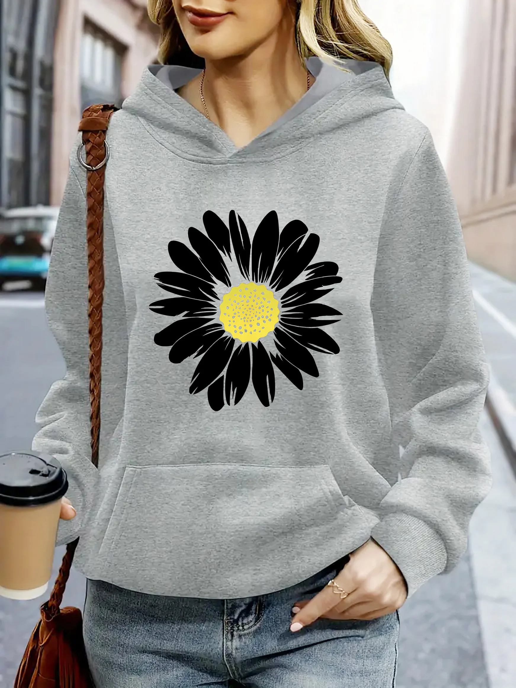 Sweat-shirt à capuche chaud en polaire douce pour femme, imprimé tournesol, pull ample, décontracté, col ras du cou, vêtements pour femme, hiver et automne