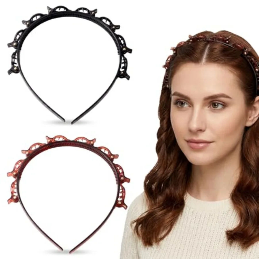 

2 Pack Headband with Clips for Women, Non-Slip Double Layer Braided Hair Band with Teeth, Styling Tool Accessories for Bangs an