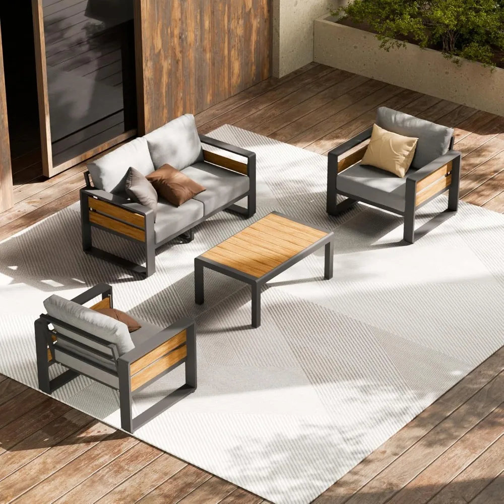 

Outdoor Patio Conversation Sets, Aluminum Metal Outside Sectional Lawn Furniture with Coffee Table & Washable Thick Cushions