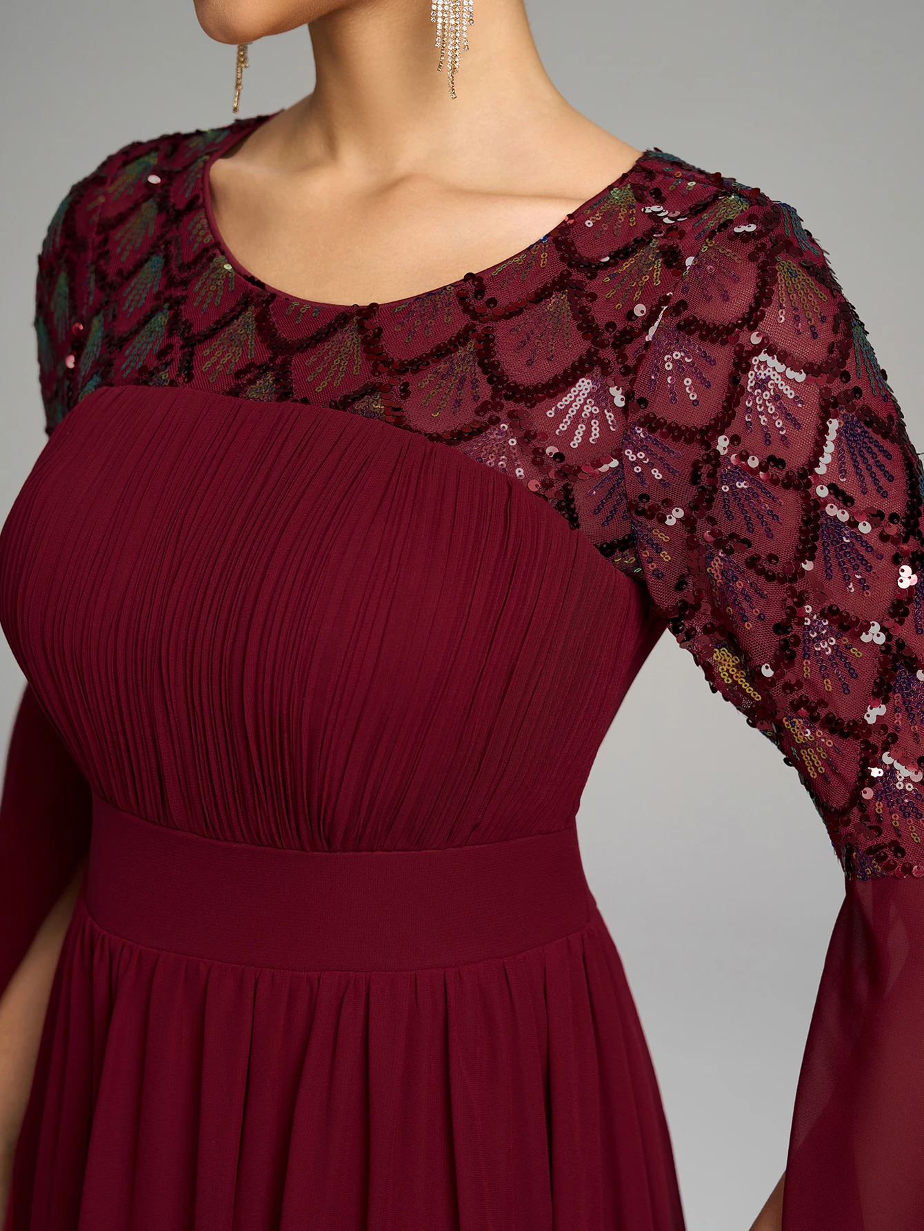 UNITHORSE جولة الرقبة أعلى مطوي جرس الكفة كم طويل الترتر لصق الشيفون الطابق طول مساء اللباس