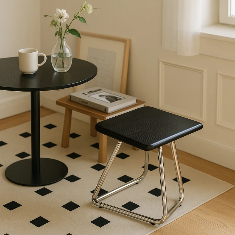 

Nordic Solid Wood Low Stool Stainless Steel Tripod Seat Vintage Dining Bench Minimalist Cafe Bar Counter Chair for Home