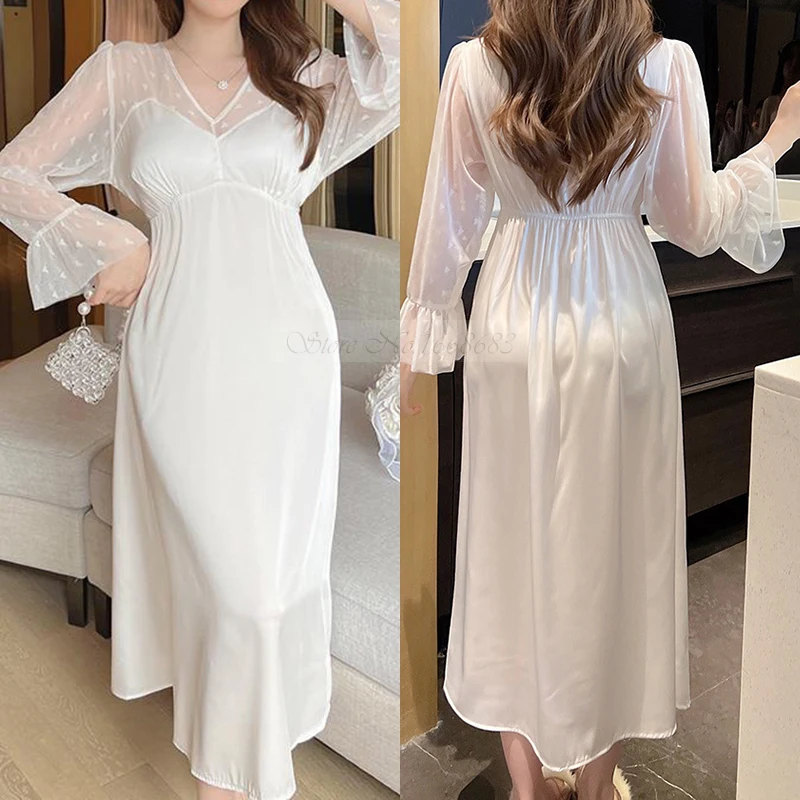 Spring Nightwear Nightdress Female Long Nightdress Sexy Patchwork Perspective Lace Sleeve Sleepwear Bathrobe Casual Home Dress