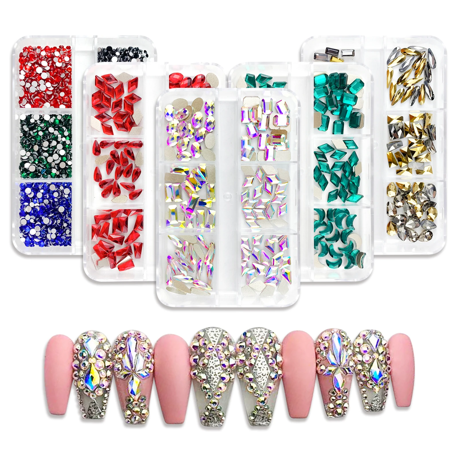 

6 Grids 120pcs 3D Crystal Nail Rhinestones Flat Bottom Pixie Mix Shapes DIY Nail Art Swarovsky Strass Decoration