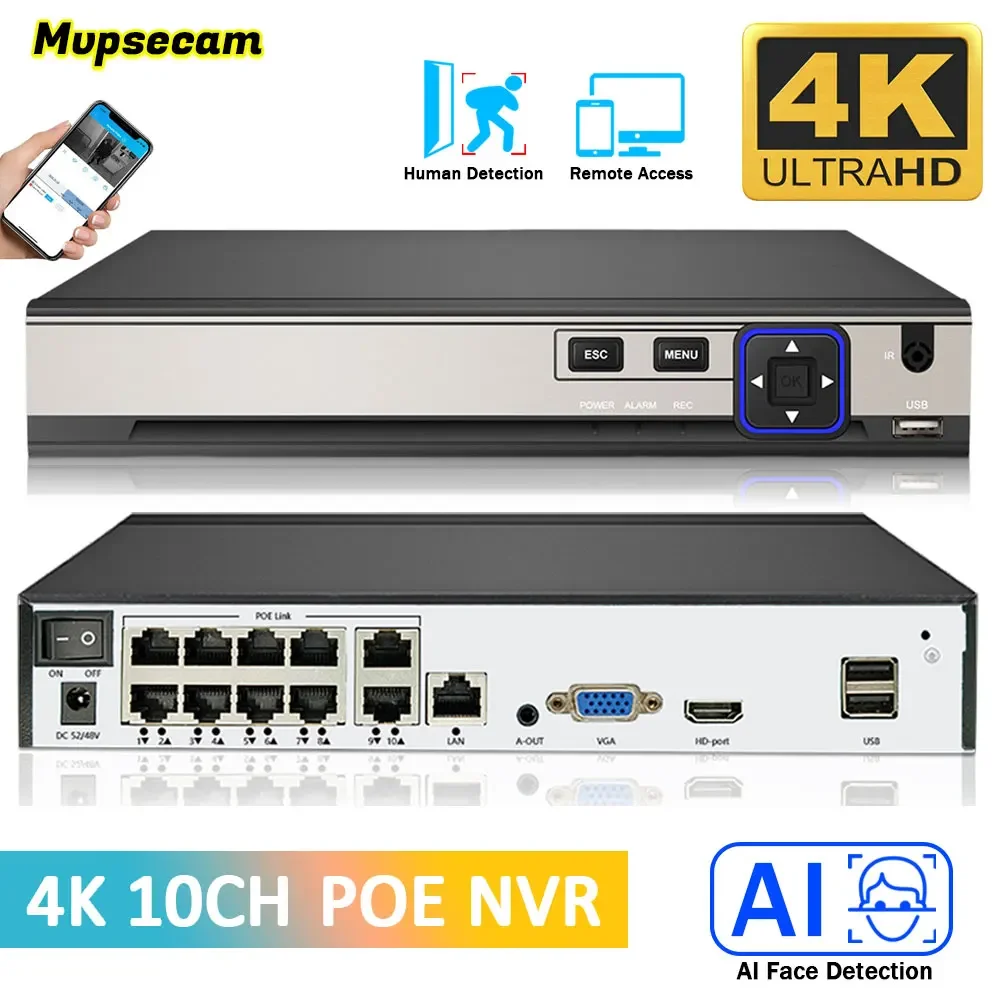 

Xmeye 4K 10CH POE NVR 10Channel Video Recorder For 48V POE 8MP 5MP Security Surveillance IP Camera Face Detection Audio Out P2P