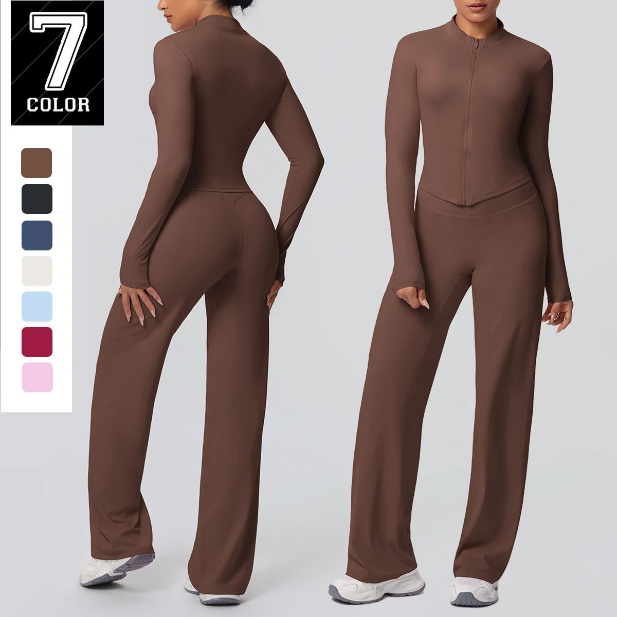 Quick Drying Yoga Pants Zipper Jacket Set Women Solid Color Gym Sports Yoga Set Breathable Loose Wide Leg Pants Pilates Yoga Set