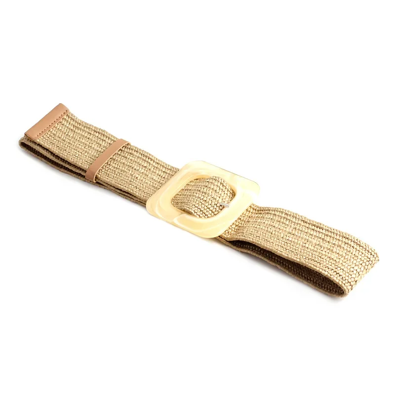 RAINIE SEAN Bohemian Straw Braided Wide Belt for Women Wood Buckle Ladies Dress Belt Fashion Female Strap Accessories Elastic