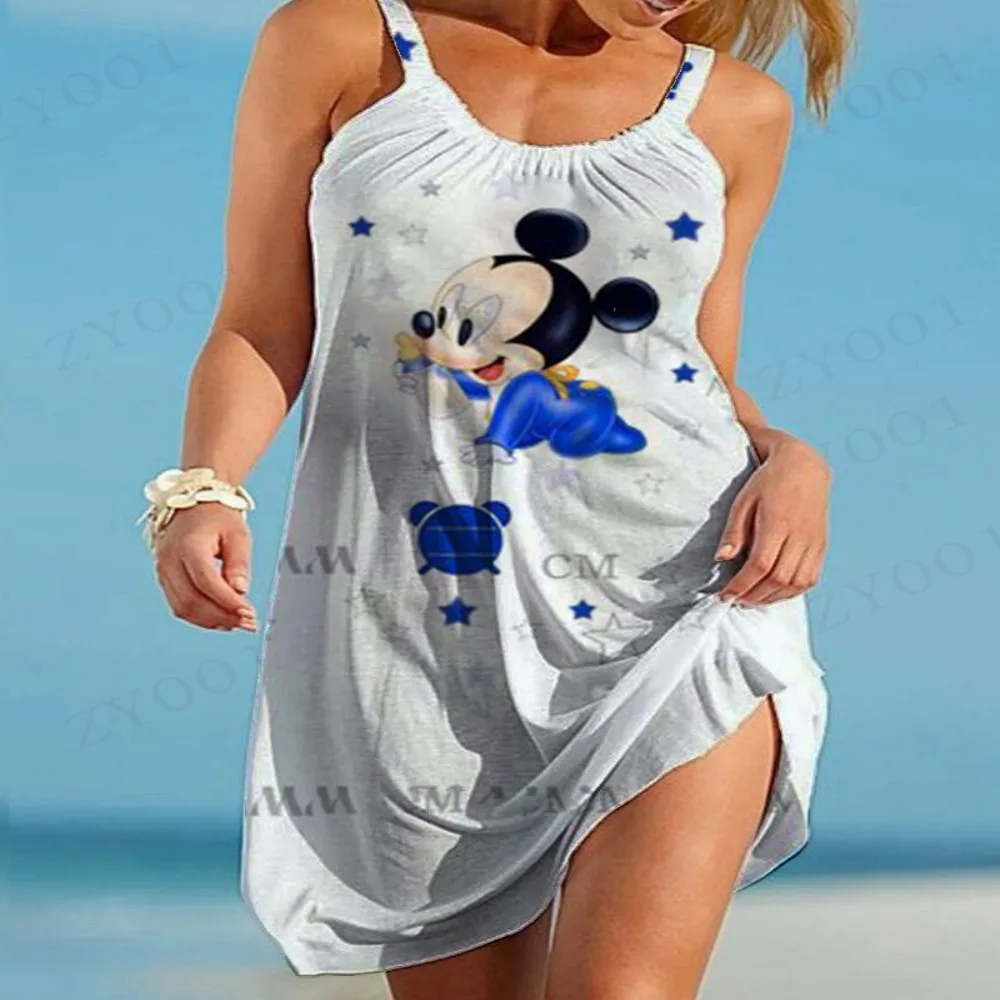 Disney Minnie en Mickey patroon bedrukte zomerstrandjurken voor dames, comfortabele lichtgewicht vrouwelijke knielange rok