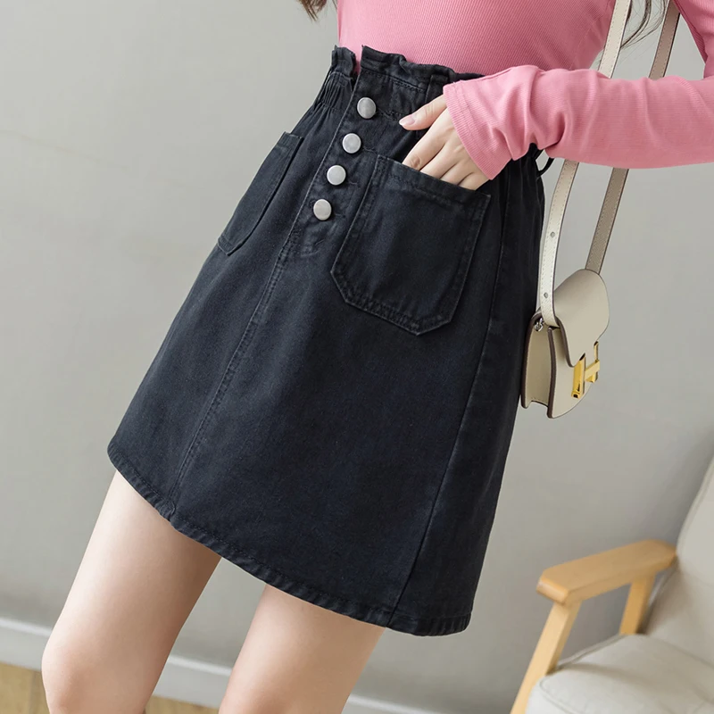 Sommer 2025, Taschen-Jeansrock für Frauen, koreanischer Stil, hoch taillierte Knopfröcke, weiblich, lässig, lockerer A-Linien-Minirock, Y2k