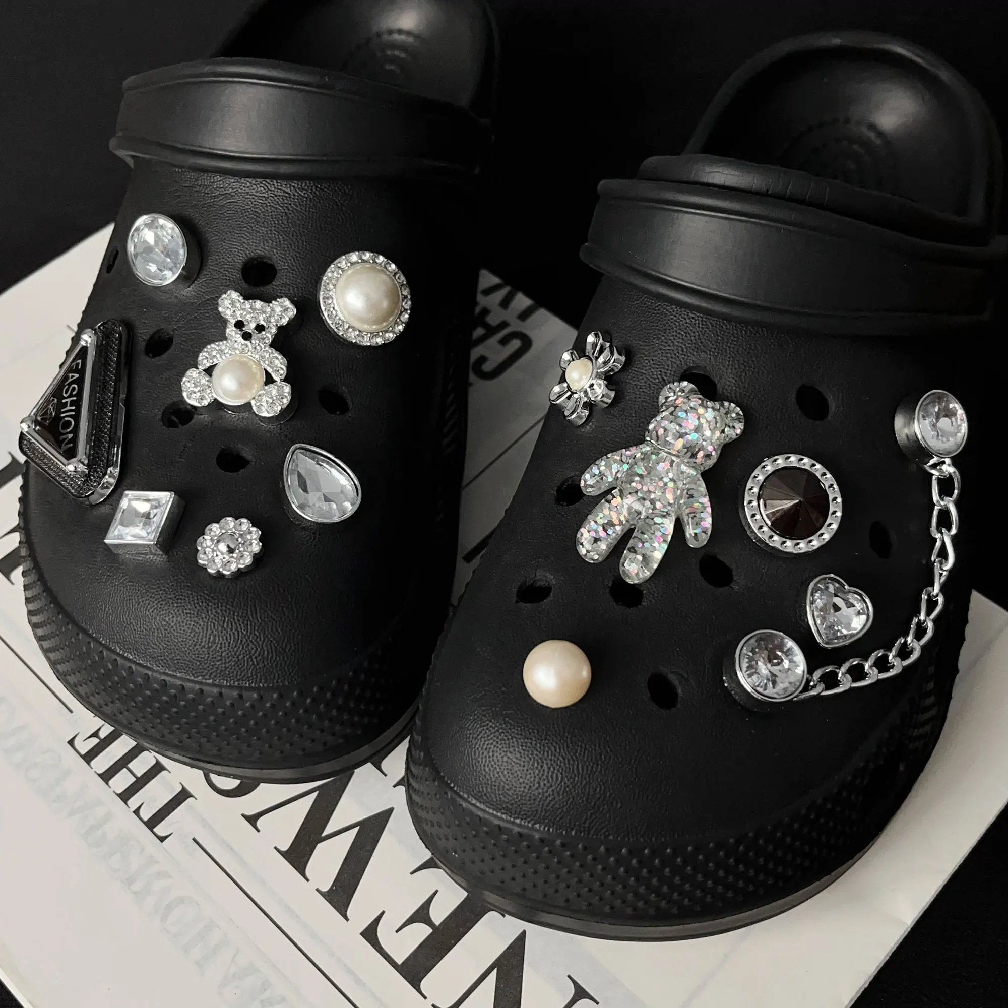 Shining Bear Pearl Strass Chain Set Schoenbedels voor Crocs Tuin Sandalen Slipper Accessoires Klompen Pins Decoratie Meisje Cadeau