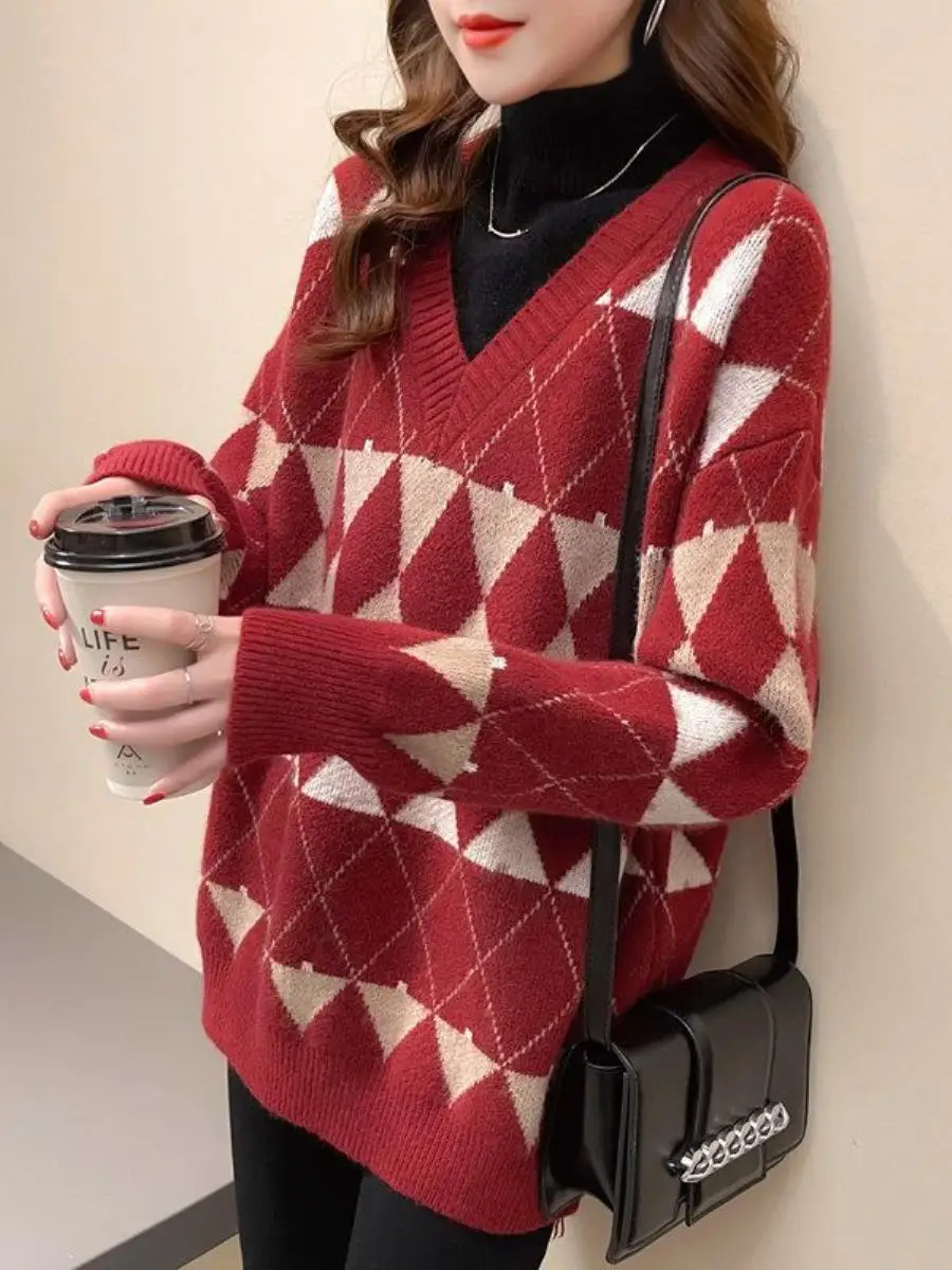 women's-thiened-high-collar-sweater-fake-two-piece-loose-outerwear-lazy-sle-knitted-clothing-accory-lapel-pin