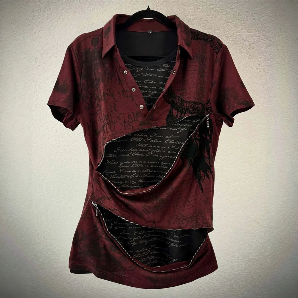 Summer new tie dye feather print retro y2k diagonal metal zipper lapel wine red short sleeved T-shirt