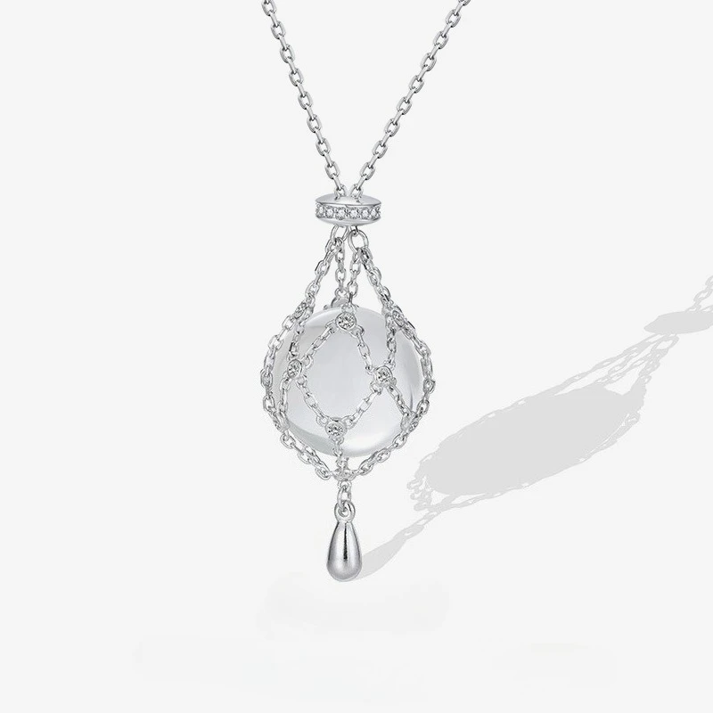 

New S925 Silver Mesh Pocket, White Crystal Necklace, Female Niche Design, Pull-out Adjustable Sweater Chain, Wedding Jewelry