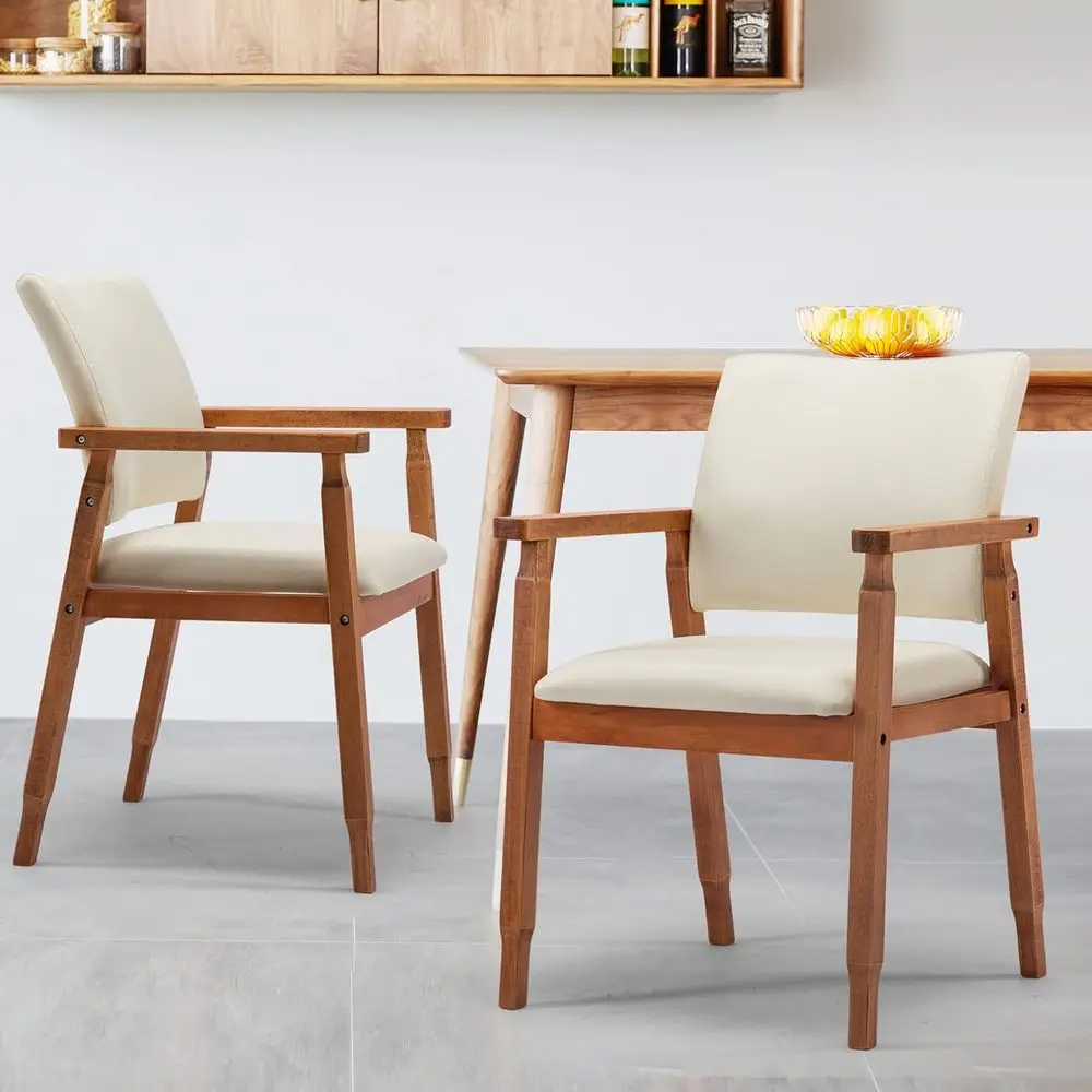 

2 Century Walnut Dining Chairs with Armrests, Beige Fabric for Kitchen and Living Room Furniture