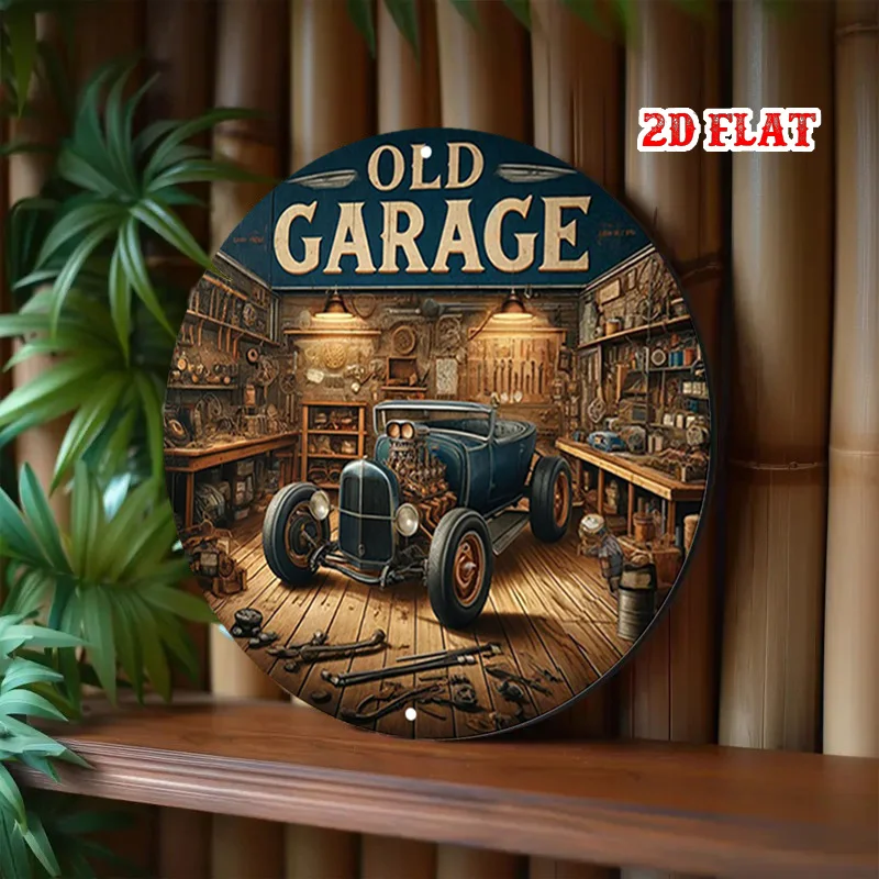 2D Flat, 2D Flat 1pc Workshop Scene Round Wooden Sign, Classic Wooden Board, Retro Tool 7.8X7.8 Round Wooden Sign - Old Garage W