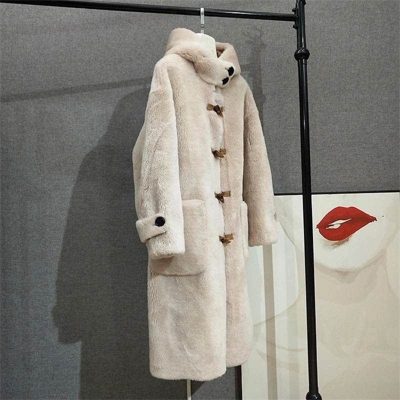 Women's 100% Wool Fur Causal Long Coats Female Lady Sheep Shearling Warm Horn Button Jacket Hooded Overcoat JT3100
