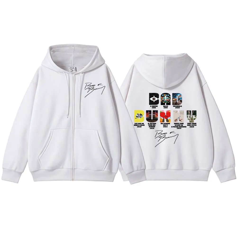 Rapper Bad Bunny Music Album Cover Print Zipper Hoodies Men Women Clothing Hip Hop Zip Up Sweatshirts Long Sleeve Hoodie Jackets