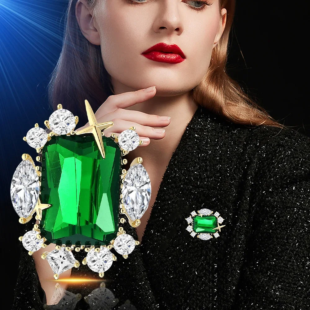 Luxury Square Crystal Women's Brooch Green Cubic Zircon Geometric Brooches Pins Female Coat Cardigan Corsage Jewelry Gift