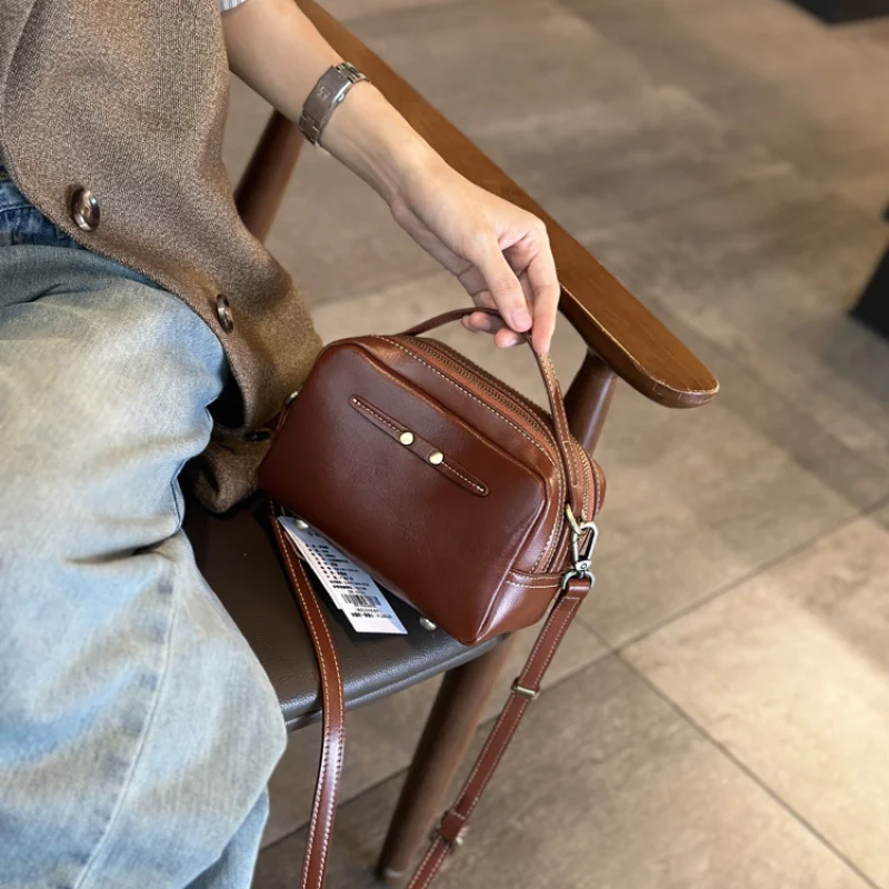 

Women's Cow Genuine Leather Shoulder Bags Ladies Double Zippers Crossbody Messenger Bag Female Retro Minimalism Fashion Handbags
