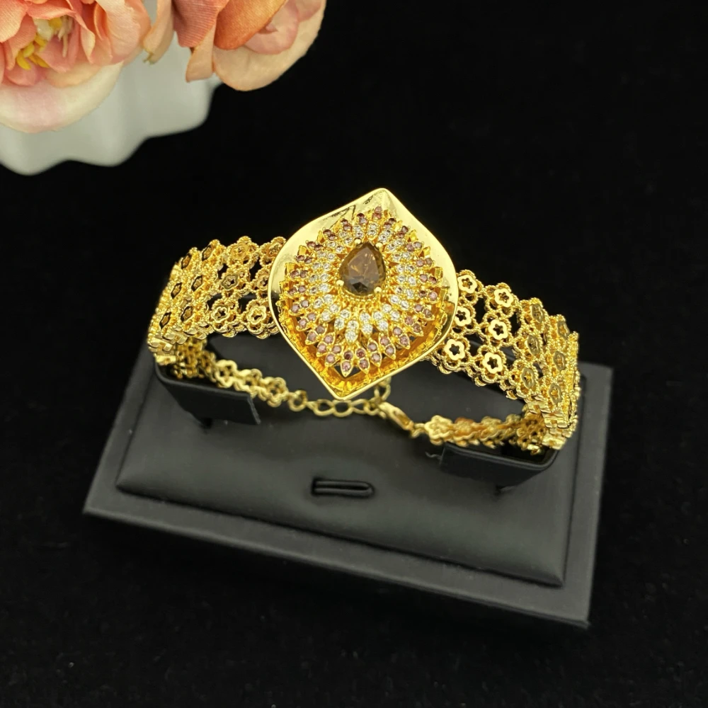 JRH Luxury Madam Evening Zircon Jewelry Set Gold Plated Brass 4-Piece Party Necklace Earrings Bracelet Ring